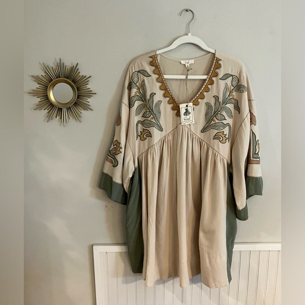 Easel NWT Boho 100% Cotton Beige, with Green & Goldenrod Floral Mini Dress/Tunic